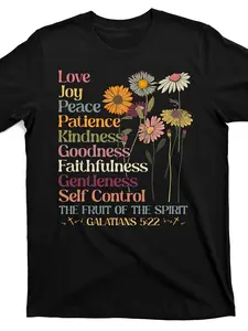 Christian Fruit T-shirt- Galatians 5:22-23 Scripture Color-coded Virtues(love Joy Peace Patience Kindness Goodness Faithfulness Gentleness Self-control) with Daisy Cross Design- Casual Church Attire and Faith