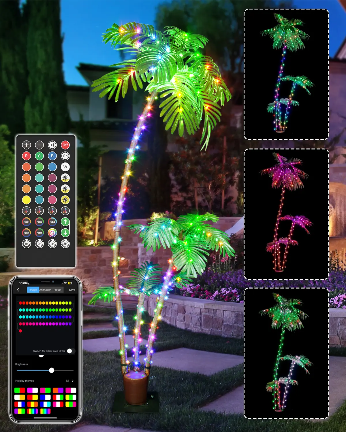Avatar Controls 7FT Smart Lighted Palm Tree, DIY Color Changing LED Artificial Palm Tree 3 Trunks, Music Sync Timer Pre Lit Large Faux Valentine Tree App Remote Control for Outside Patio Poolside Party Tiki Bars Mother's Day Gifts Yard Lighting