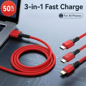3-in-1 Fast Charging Cable 1.2M Multi Charger Cord Universal for Cellphone, Smartphone, iPhone, Type-C, Android, Lightning Micro-USB 3A Fast Charge Silicone Durable Tangle-Free Portable Travel Car Office Home Multi-Device Charging Data Sync Cable