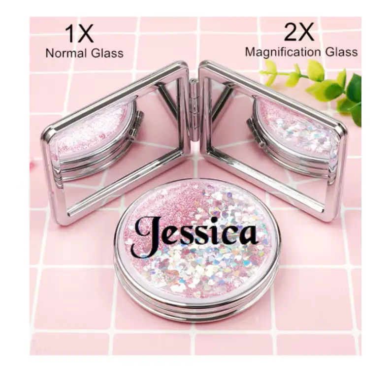 Personalized Glitter Compact Makeup Mirror: Floating Quicksand, 2x Magnification