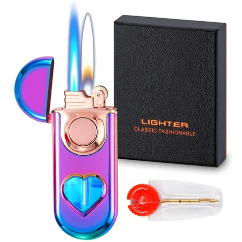 Dual-Flame Butane Torch Lighter - Refillable, Windproof, Adjustable Jet & Soft Flame, Heart-Shaped Look Gas Window (See Gas Level), Full Metal Body Cute Durable Lighter Accessory for Men (No Butane, With Decor Ornaments)