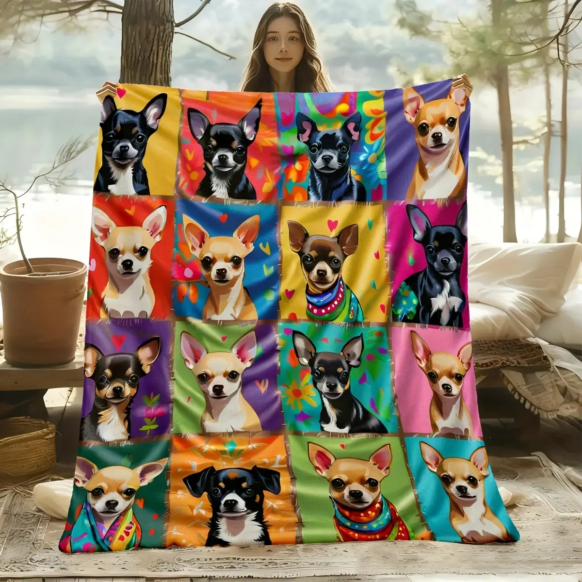 Colorful Pop Art Chihuahua Patchwork Flannel Blanket - Soft, Cozy, Vibrant Dog Portrait Collage Throw, Ideal Gift for Chihuahua Lovers, Bedroom/Sofa Home Decor