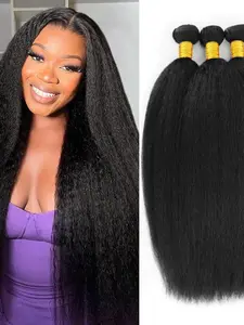 R6-Riks 3-Pack Human Hair Kinky Straight Bundles, Natural Brazilian Hair, No Knots, No Shedding, Real Hair Extensions