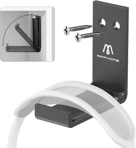 Foldable Headphone Stand & Headset Holder Mount, No-Scratch Silicone Pad Wall Hook for Gaming Headset, Space-Saving under Desk Hanger with Strong Adhesive for PC, Home, and Office, Black APPHOME