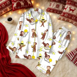 Women's Monkey Banana Print Pajama Set , Cute Monkey & Banana All-Over Print Lapel Collar Button-Front Shirt & Elastic Waist Pants, All-Season Sleepwear, Pajamas for -Like s, Themed Costume Party Outfit