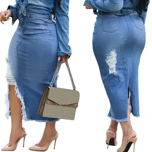 OYS Women's Casual Slit Denim Midi Jean Skirt Stretch High Waist Frayed Button Up with Pockets