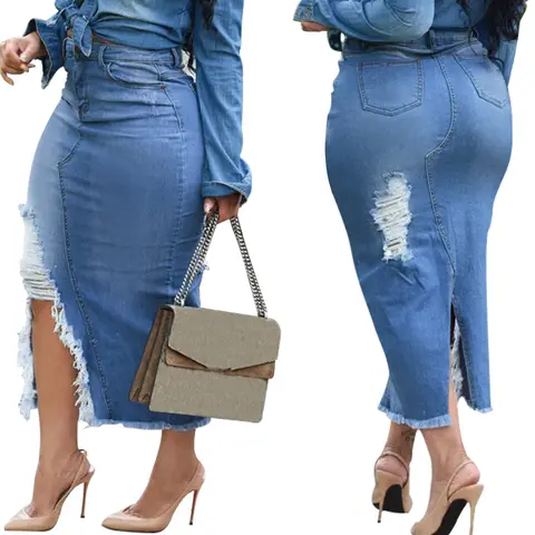OYS Women's Casual Slit Denim Midi Jean Skirt Stretch High Waist Frayed Button Up with Pockets