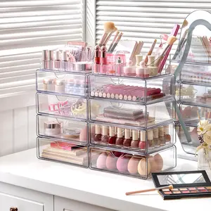 【2 Pack】Vtopmart Clear Makeup Organizer with Drawer for Dresser, Countertop & Bathroom Vanity Cosmetic Storage for Lipstick Brush Skincare Organizing Tools Boxes