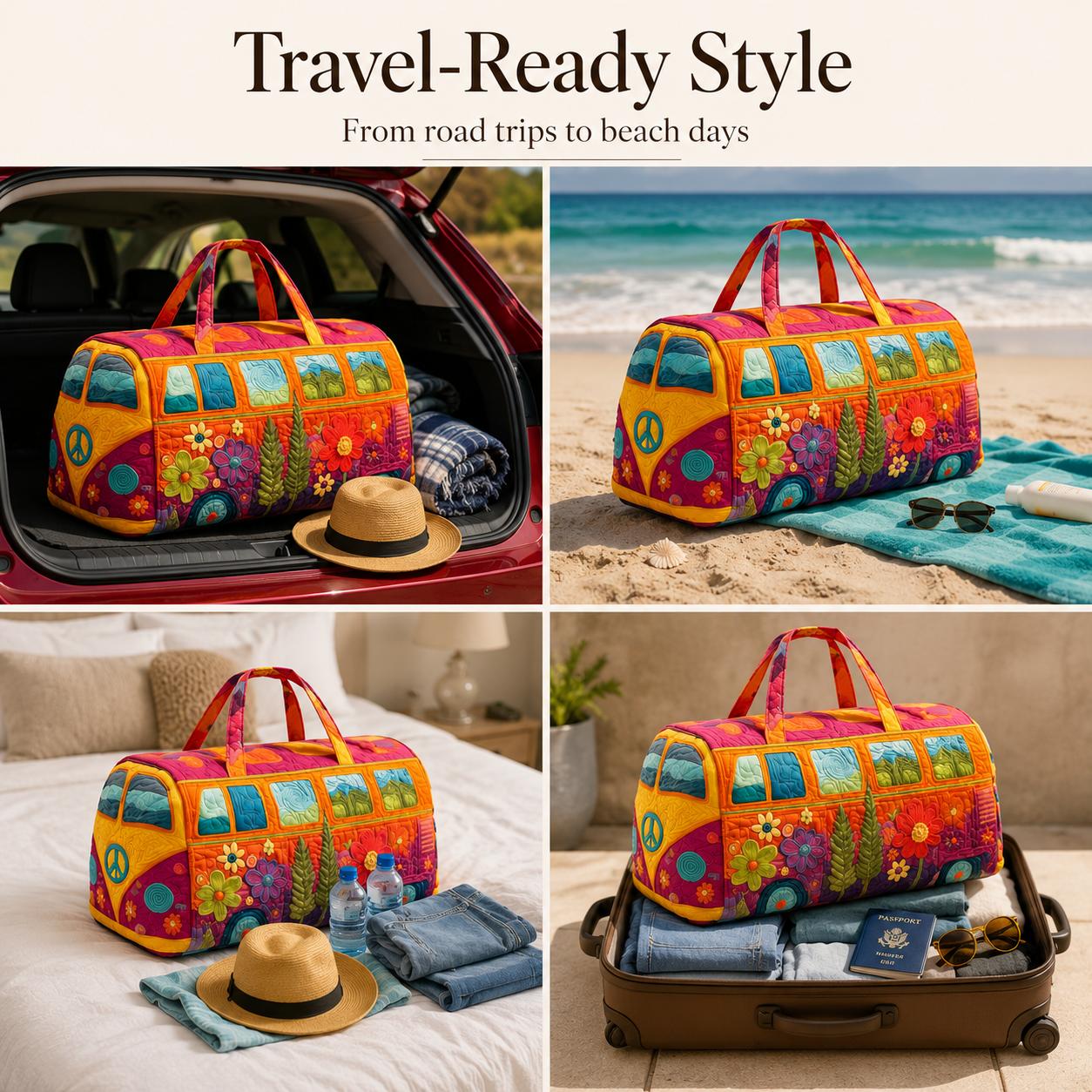 18 Inch Boho Quilted Weekender Bag, Colorful Retro Van Duffel Bag for Travel, Beach, Gym and Weekend Getaway