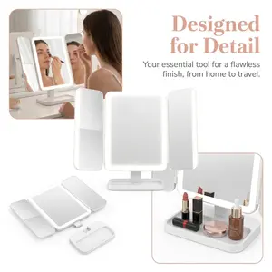 3 fold portable dimmable LED makeup mirror with a magnification of 2x/3x, suitable for travel, adjustable angle, foldable, storage tray compatible with home, professional artist, high-definition imaging, compact foldable, precise makeup magnifying