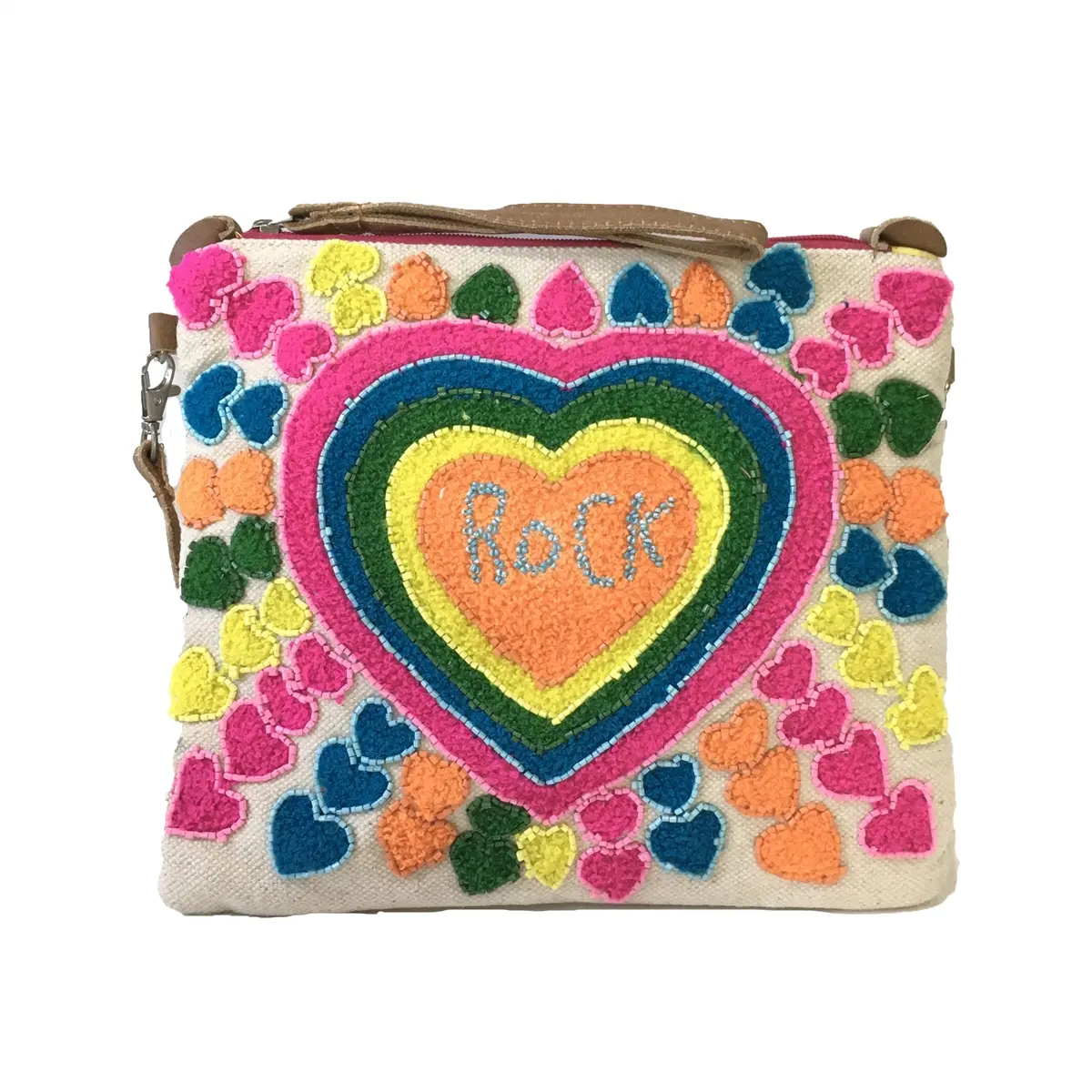 Alex Max Women's High-Capacity Rock-Themed Beaded Front Wristlet Clutch - Crossbody Pouch with Strap, Heart Patch, No Extra Bulk, Natural/Multi Rock Test Design for Concert Lovers, Concert Bag