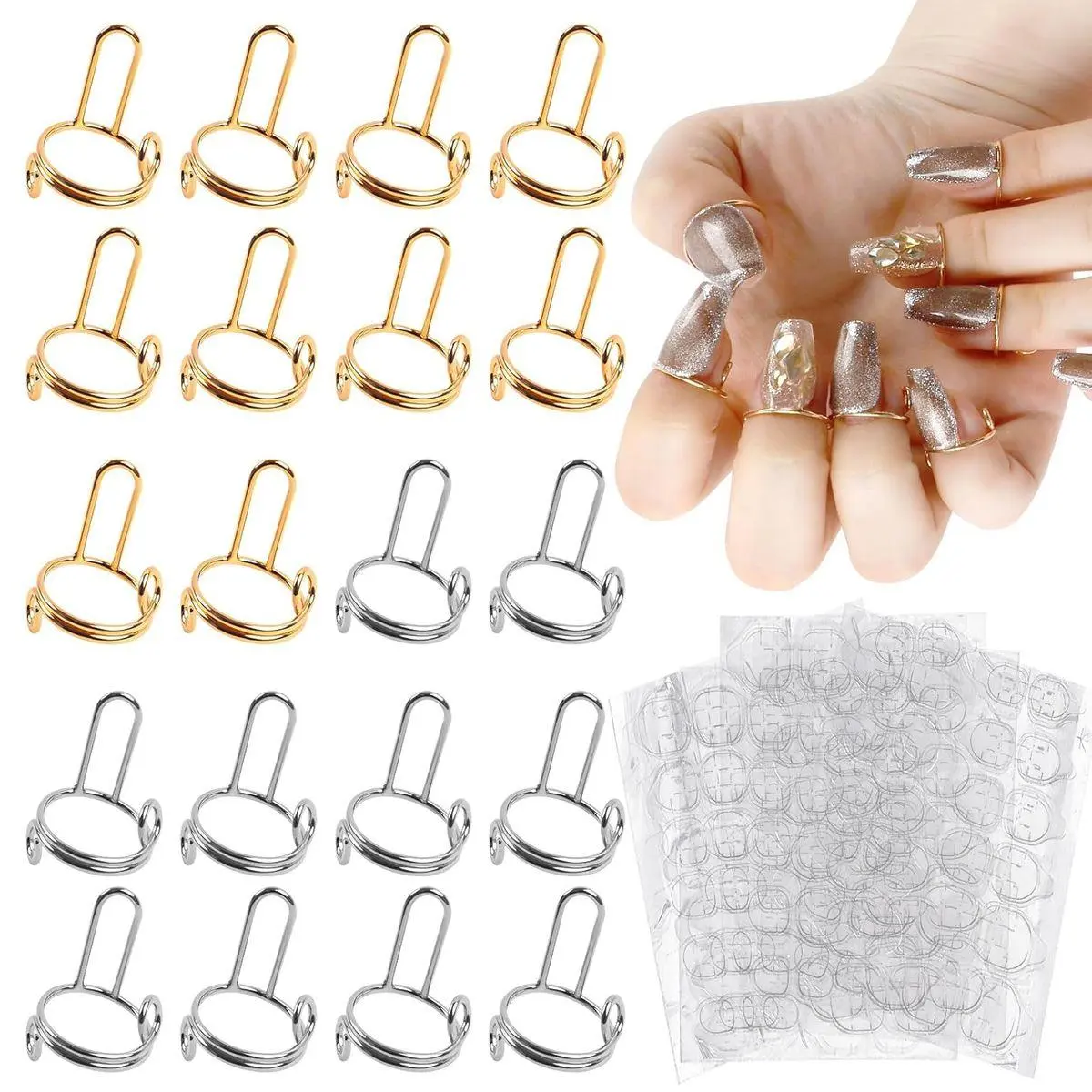 20Pcs Wudu Nail Rings with 120PCS Adhesive Nail Tabs No Glue Adjustable Wudu Fingernail Rings Set for Acrylic Nail, Non-Tarnish Metal Nails Rings for Women Nail Art Decoration
