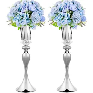 22in Tall Wedding Reception Centerpieces Flower Vases,Acrylic Crystal Flower Stands Wedding Gold Vases, Metal Centerpiece Vases for Table Décor, Christmas,Reception, Party (Silver, 2 Pcs)