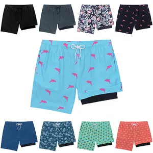 Mens Swim Trunks with Compression Liner Bathing Suits Quick Dry Stretch Beach Shorts 7 inch Inseam Swimwear