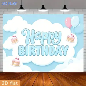 2D Flat Banner 1pc, Poster Party Banners Polyester Backdrop Light Blue Cloud Cake Happy Birthday Background Event Decoration Home Room Courtyard Farm Garden Graduation Photography Live Streaming Wedding Club Gift Festiv