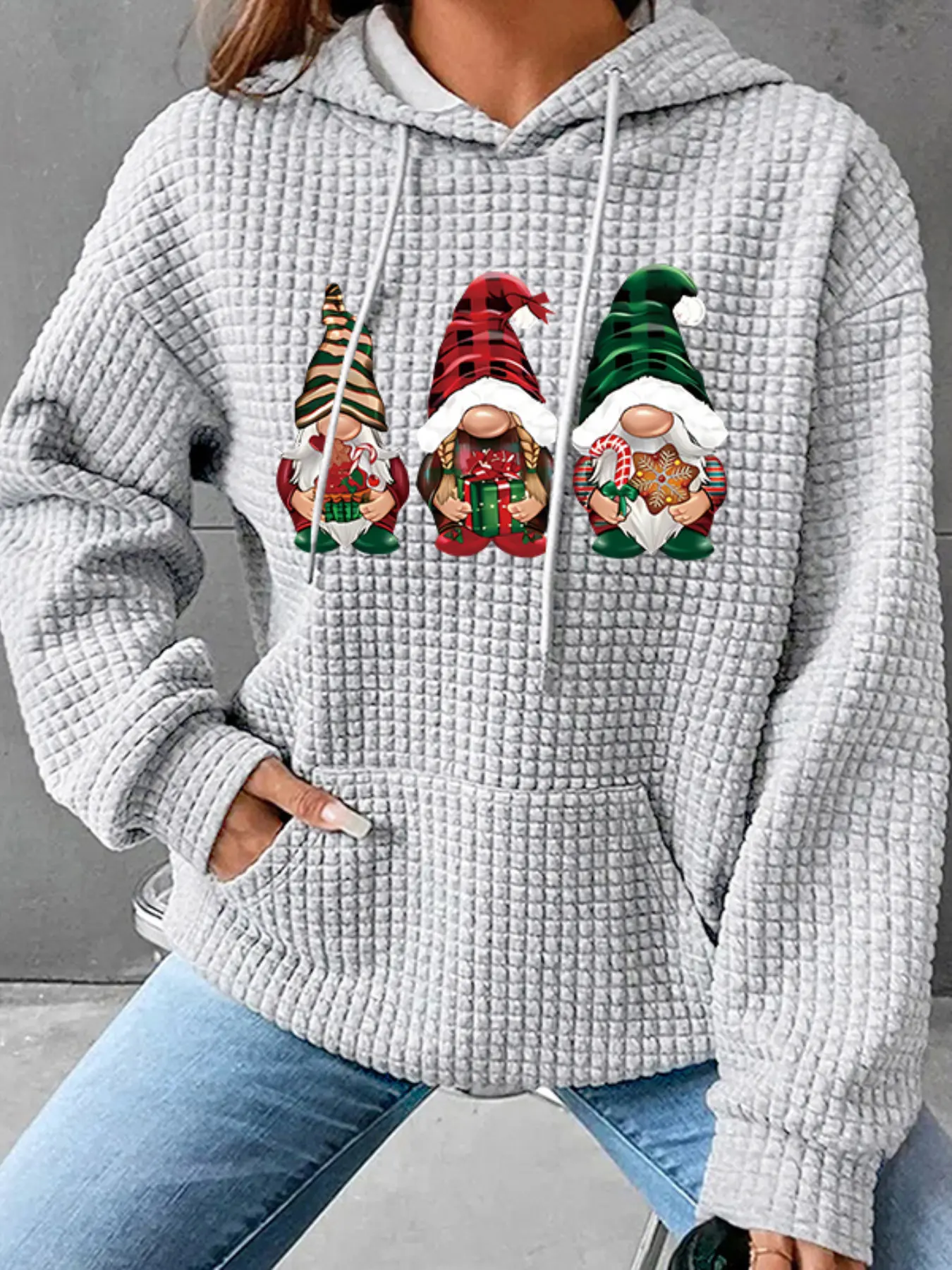 Women's Trendy Aesthetics Loose Hooded Sweatshirt with Christmas Santa Print, Long Sleeve Pullover with Pocket, Casual Fall & Winter Wear