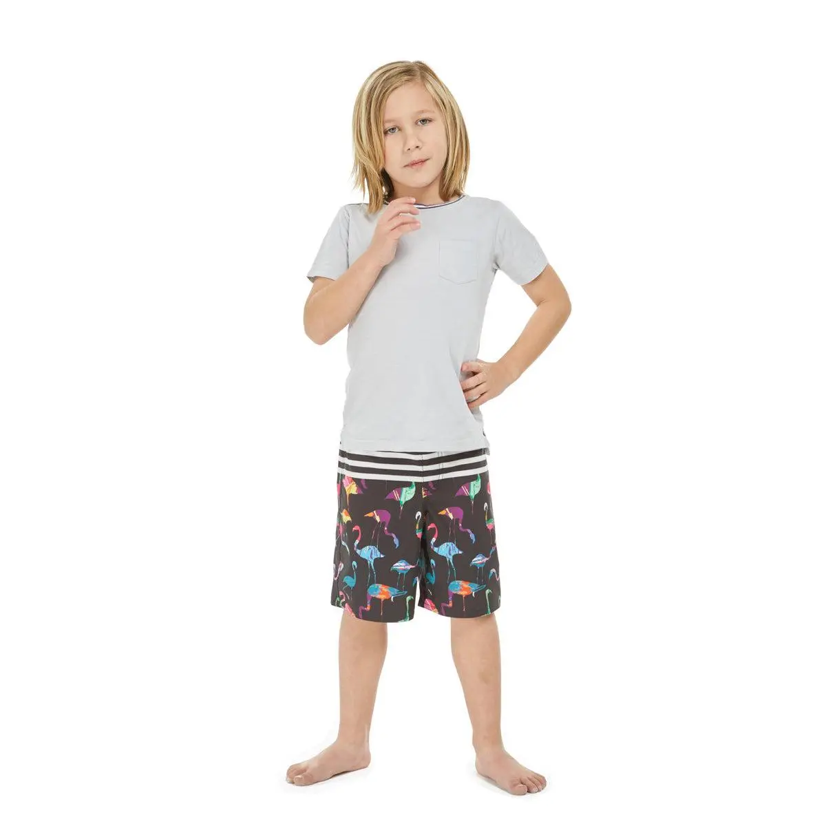 Boy Hawaiian Board Shorts in Flamingo Party