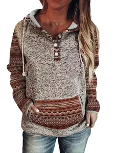 Women's Clothing western Ethnic Style Hoodie Sweatshirt,Featuring Geometric Patterns Pullover,with A Slanted Pocket on the Hood, Soft and Elastic Half Button Long-sleeved Sport Shirt, Suitable for Autumn and Winter