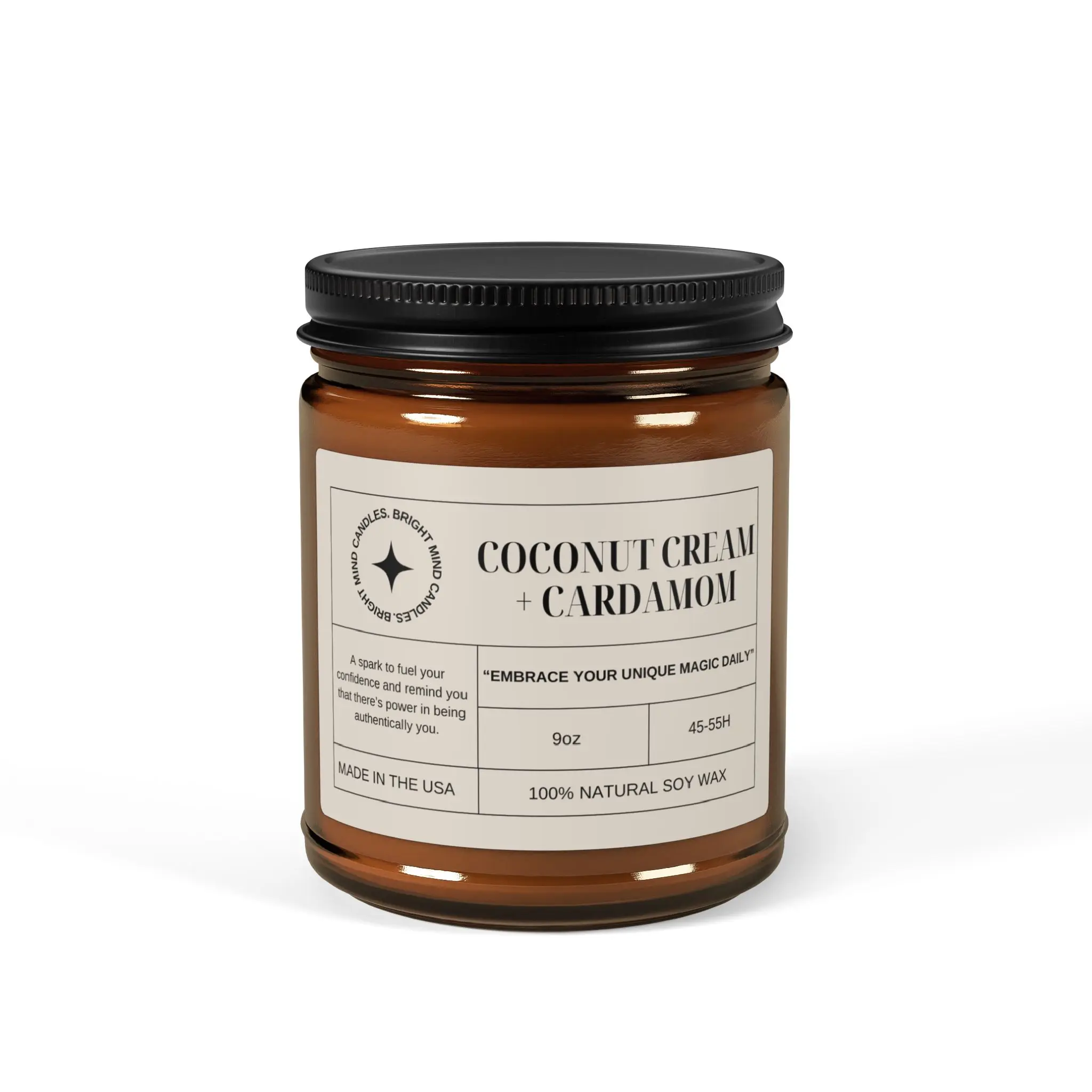 Coconut Cream + Cardamom Candle: Affirmation Candle, Vegan Soy Wax (Multi-Size, Amber Jar 9oz)