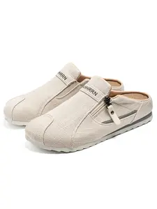 Men's Linen Canvas Slip-On Mules, Casual All-Season Footwear, Comfortable PVC Sole, Ideal for Daily Use and Shopping, Walking Shoes