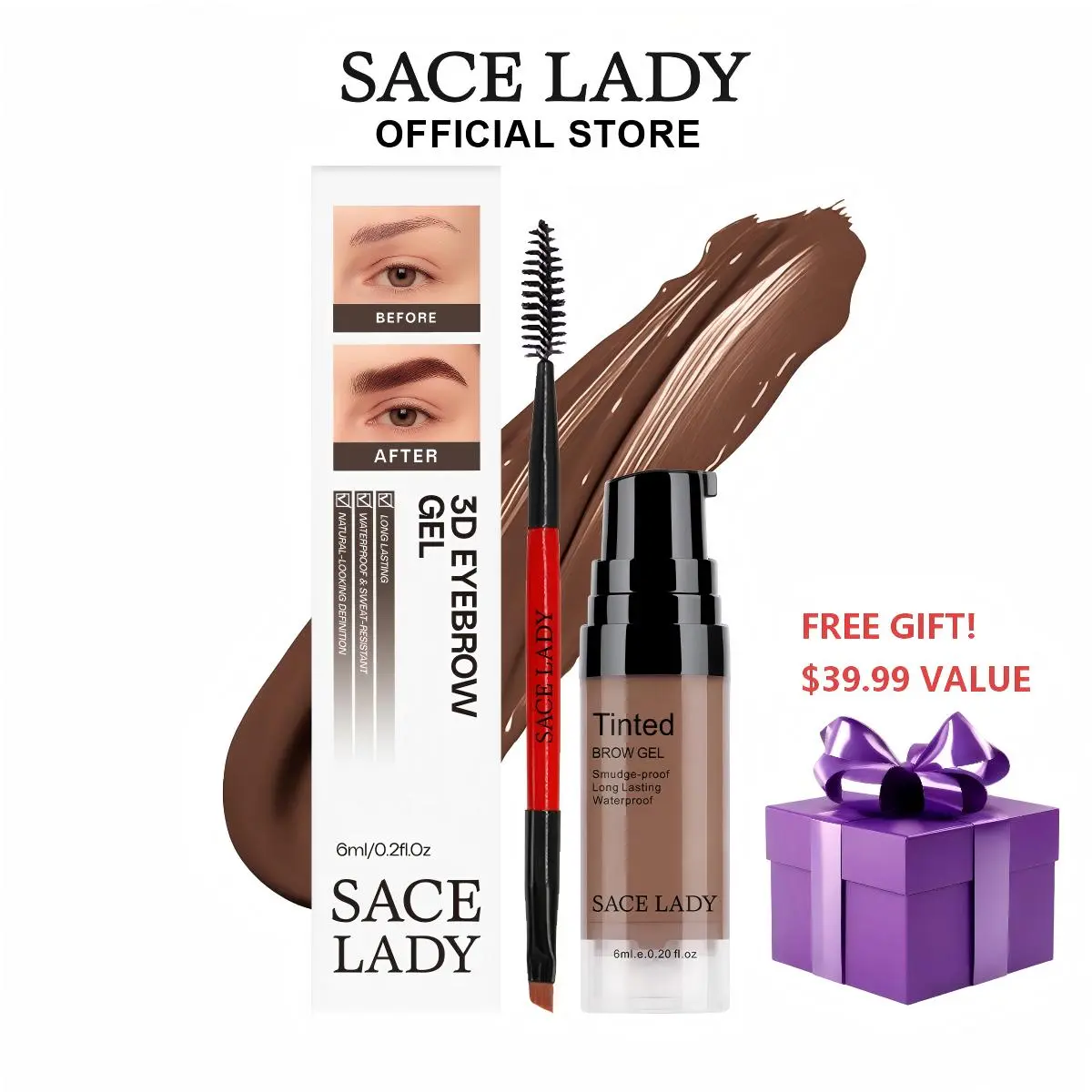 SACE LADY 3D Eyebrow Gel - 6ml Flawless Cosmetic Brow Styling Gel, 24H Lasting Waterproof Smudge-Proof Eyebrow Tint, Brow Makeup Products for Summer Use, Smoothing,back to school