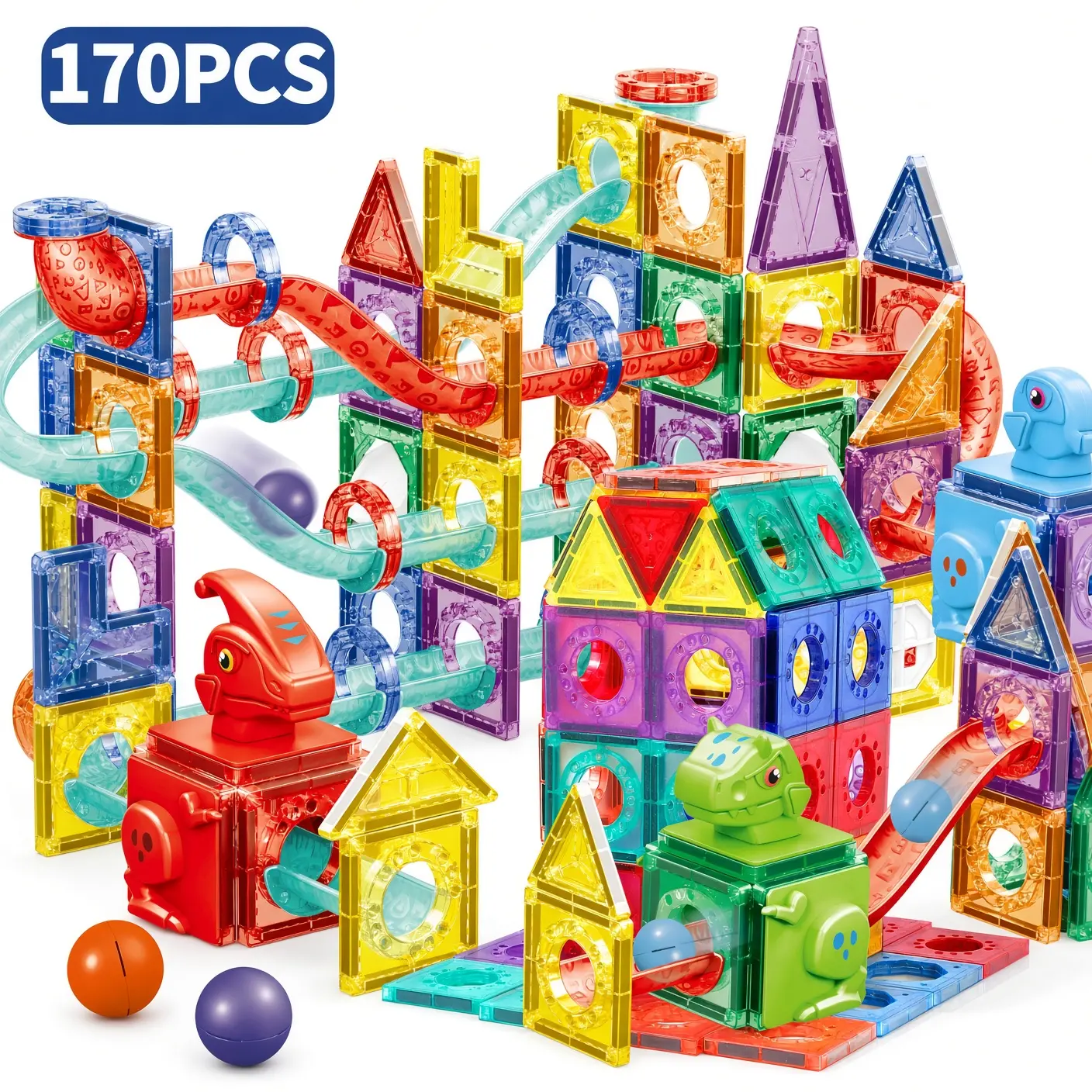 Magnetic Tiles Marble Run Building Set for Kids, 170 Piece Dinosaur STEM Construction Toy with Colorful Tiles, Tubes and Balls, 3D Building and Ball Track Playset