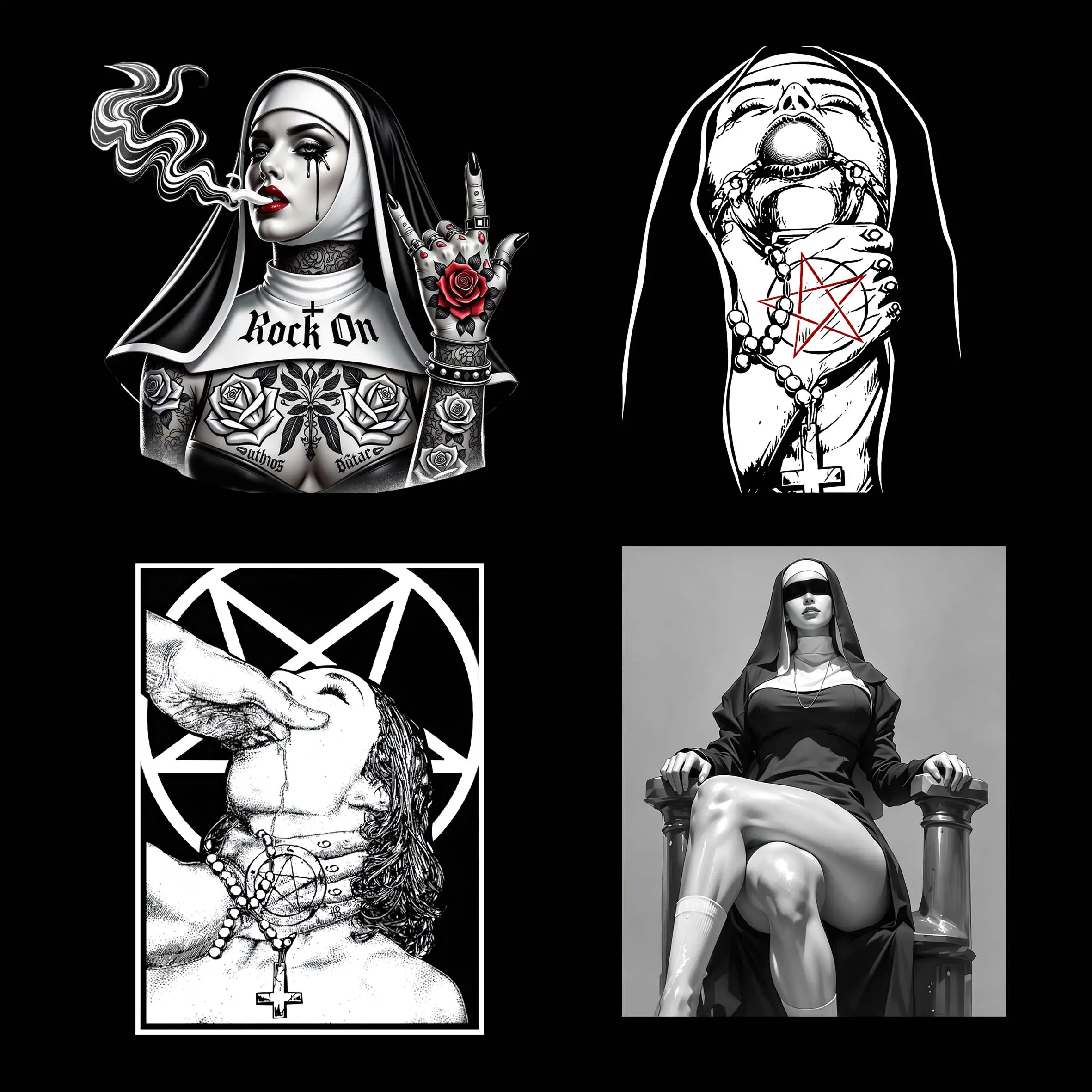 "Multiple Styles Dark Robed Lady Pentagram Tattoo Series" DTF Transfer - Vintage Punk Sketch Vibes - Occult・Edgy・Grunge - Suitable For T-shirts, Bags & Fabric Decor, Washable Iron-On Stickers, Gothic Alternative Rock Heat Transfer Stickers