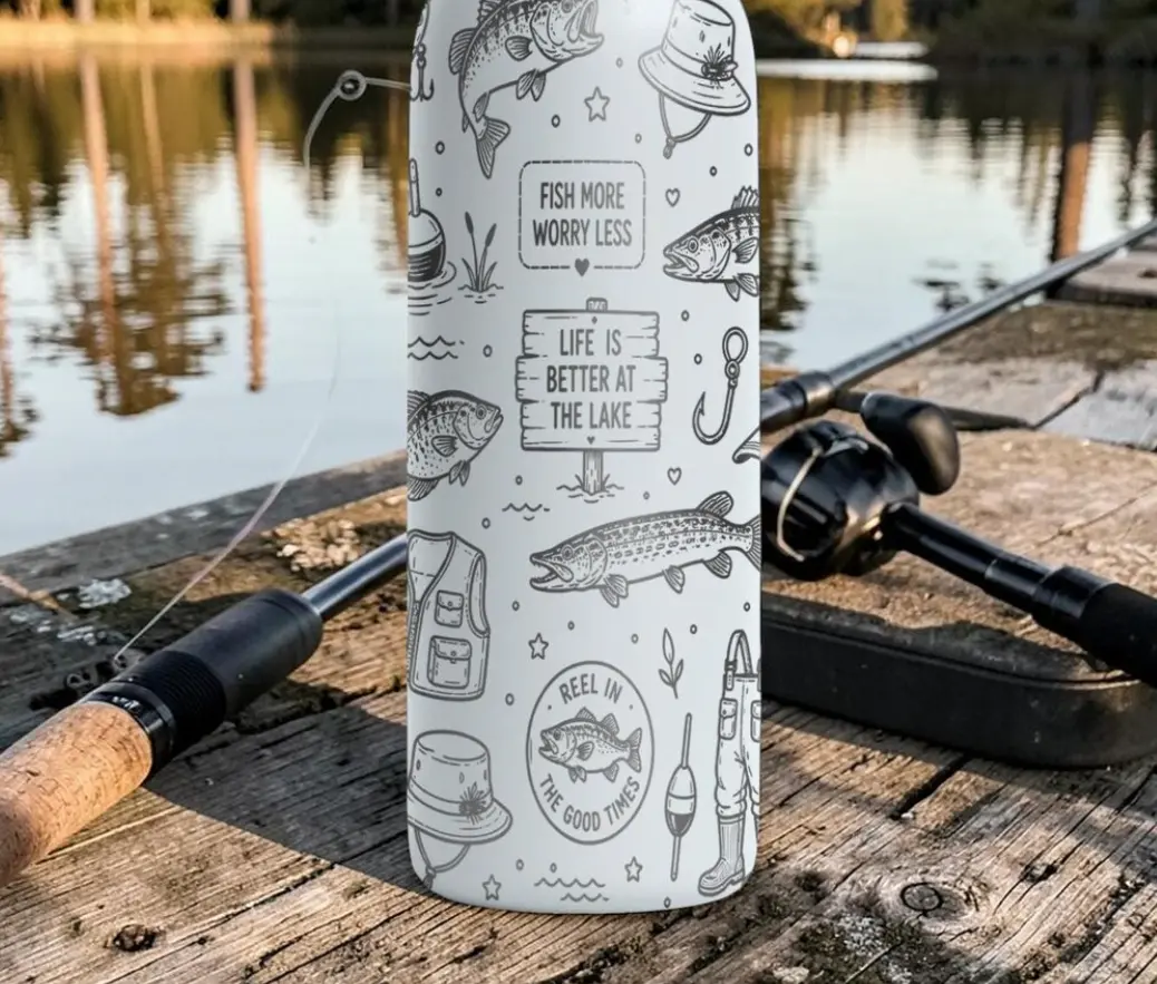 Owala 32oz Fishing Engraved Water Bottle, Fisherman Gift, Lake Life Laser Engraved Tumbler, Outdoor Drink Bottle for Fishing & Camping