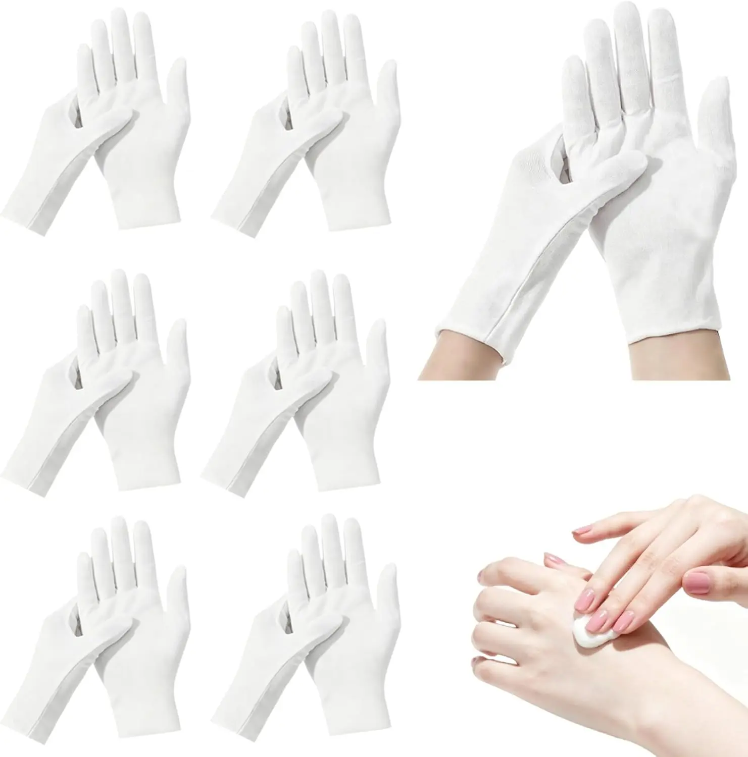 12 Pack White Cotton Gloves for Dry Hands Sleeping Eczema Care Night Moisturizing Soft Elastic Unisex SPA Glove Set