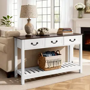 fathersdaygift VEVOR 47 in Console Table, Farmhouse Desk Behind the Couch with Drawers and Bottom Storage Shelf, Wooden Rectangle Entrance Narrow Sofa Table for Hallway, Bedroom, Living Room, Foyer, Brown+ White