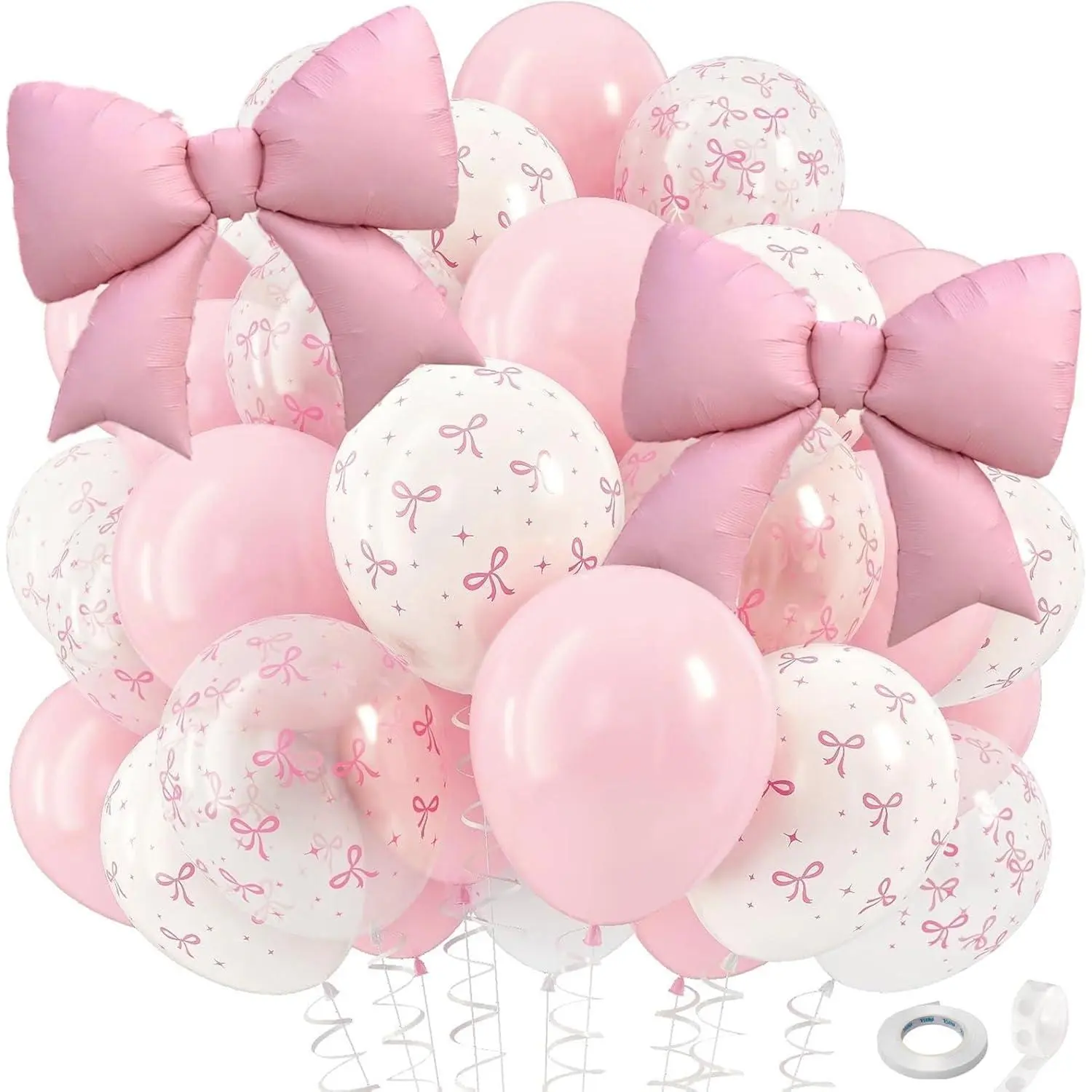 37Pcs Pink Bow Balloons, 12/38Inch Giant Foil Balloons, Pastel Light Pink Transparent White Bow Print Coquette Balloon For Girls Women Birthday Party Bridal Wedding Anniversary Decorations Supplies