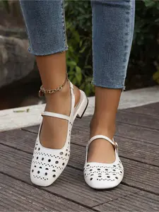 2026 Summer White Stylish Cut Out Mary Jane Sandals Women Square Toe Low Heel Flats