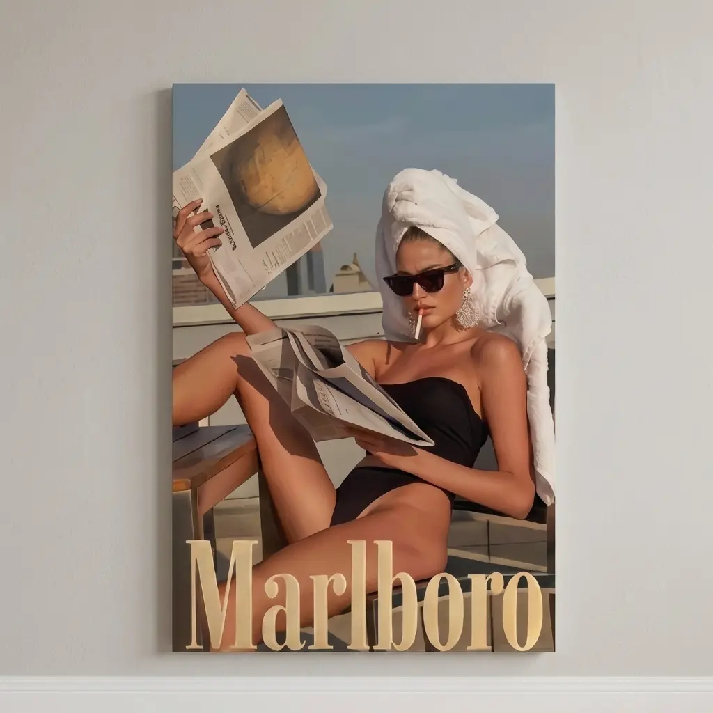 Marlboro-Style Vintage Canvas Wall Art, Retro 90s Fashion Woman Magazine Print Unframed Poster, Chic Unique Vintage Things Home Decor for Women's Bedroom, Living Room Room Decor, Bedroom Decor