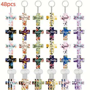 [2D Flat] 48pcs Christian Keychain Gifts Bible Verse Inspirational Keychain Bulk Acrylic Religious Cross Key Rings Floral Scripture Gifts for Women Men, Spiritual Gifts, Faith Accessories, Scripture Charm, Faithinspired Design, Durable Keyring