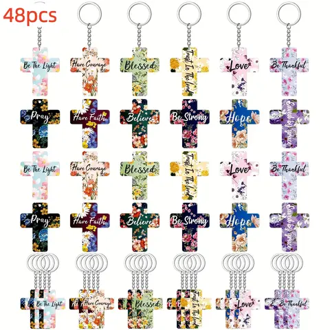 48pcs Bulk Unisex 2D Flat Acrylic Charms Alloy Keychains - Bible Verse Inspirational Floral Scripture, Faith-Inspired Ceremony Gifts, Durable Easy Carry Cross Print Keyrings for Women