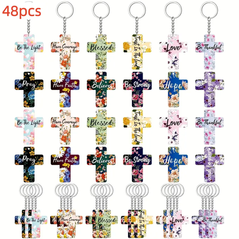 48pcs Bulk Unisex 2D Flat Acrylic Charms Alloy Keychains - Bible Verse Inspirational Floral Scripture, Faith-Inspired Ceremony Gifts, Durable Easy Carry Cross Print Keyrings for Women
