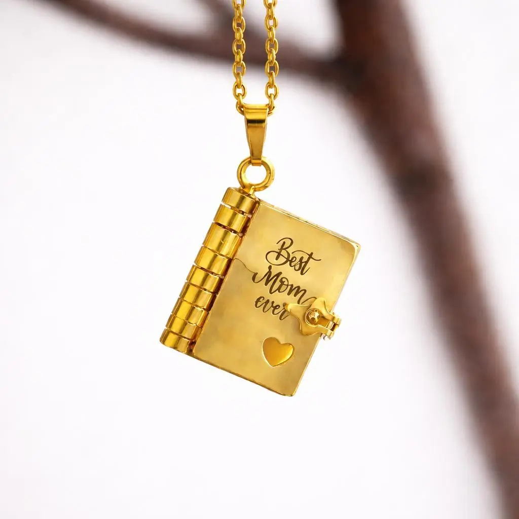 Stainless Steel Book Locket Necklace for Women, Engraved Long Chain Jewelry for Mom, Daily Memorial Gift for Christmas, Thanksgiving, Birthday, Female