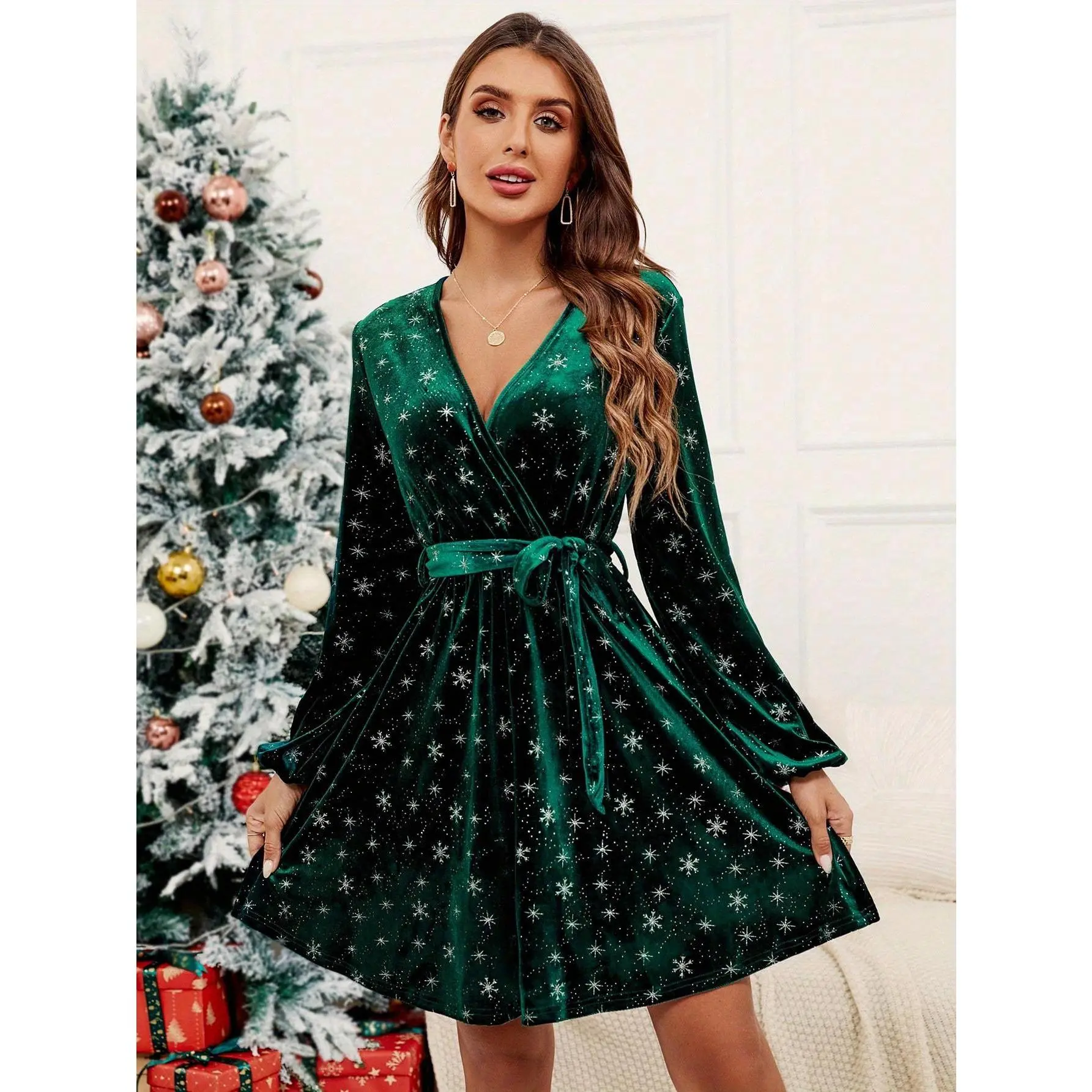 Elegant Velvet Christmas Dress with Snowflake Print, Lantern Sleeves & Belt - V-Neck, Stretch Fabric, Machine Washable - Perfect for Holiday Parties