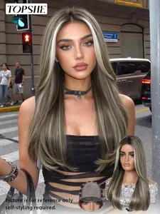 TOPSHE MONO 5.5*5 HD Transparent Lace Front Wig, Glueless Lace, 22 Inch Ash Brown with Platinum Blonde Highlights Layered Long Straight Wig, Heat Resistant Synthetic Fiber Hair, Comfortable & Breathable Wig Cap, Exquisite Knotting, Suitable for Daily Wear