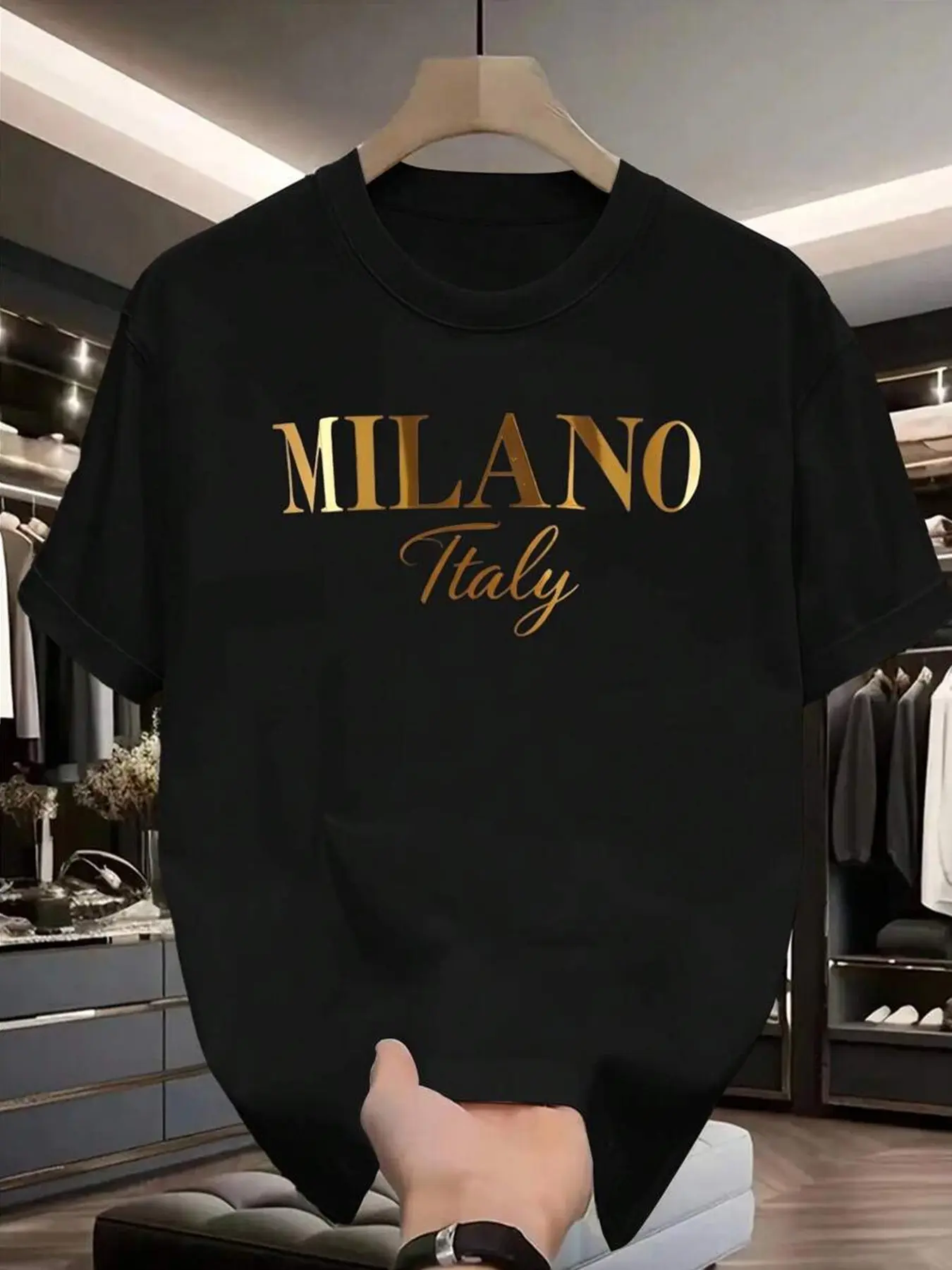 Unisex Short Sleeve Graphic Crewneck T-Shirt, Menswear, Round Neck, Milano Print, Casual Fitted Long Top, Daily Wear Versatile Clothing