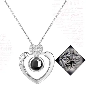 Silver Double-Heart Projection Necklace | "I Love You" in 100 Languages ​​| Versatile Everyday Wear & Perfect Romantic Gift — Diamond-Accented Pendant