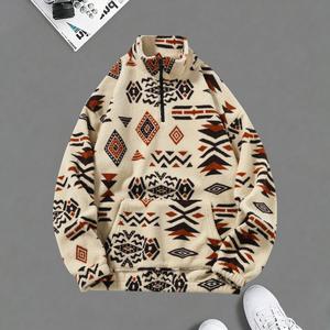 Men's Stylish Khaki Cultural Print Half-Zip Warm Fleece Jacket - Casual Zipper Coat with Mock Neck, Long Sleeves, Soft Skin-Friendly Fabric for Retro Versatility