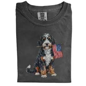 Patriotic Bernedoodle Dog Holding US Flag Comfort Colors T-shirt, Vintage 90s 4th of July Independence Day Graphic Tee, Unisex Fit Design, Casual Streetwear, Gift for Dog Lovers