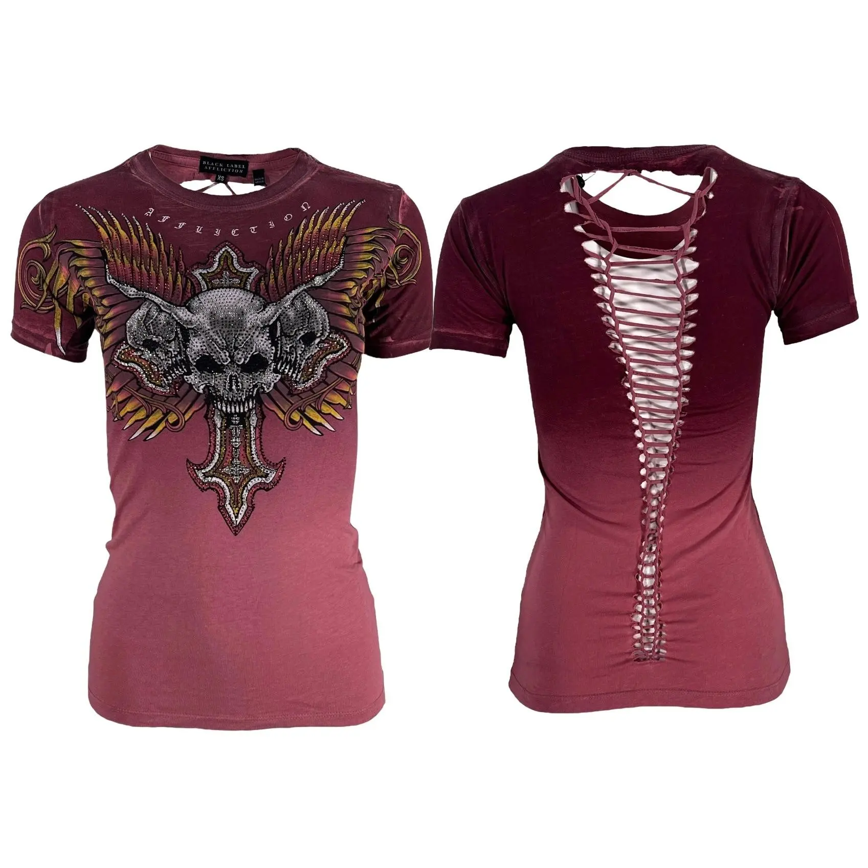 Affliction Lady's Short-Sleeve Gothic T-Shirt - Dusty Rose Round Neck, Rhinestone & Braiding Details, Casual Fashionable Streetwear Top, Shortsleeve, Casual Fashionable Top, Cotton
