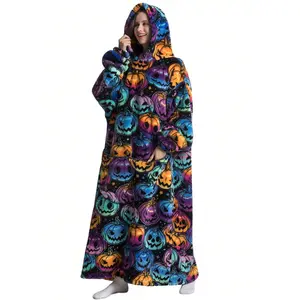 Extra Long Oversized Flannel Cozy Blanket Hoodie, Cozy Hooded Blanket, Soft Wearable Giant Sweatshirt with Sleeve Pockets, Casual Unisex Winter Clothing, Halloween