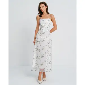 rihoas Women's White Floral Polyester Sheer Backless Sleeveless Formal Wear Slip Maxi Dress Piece