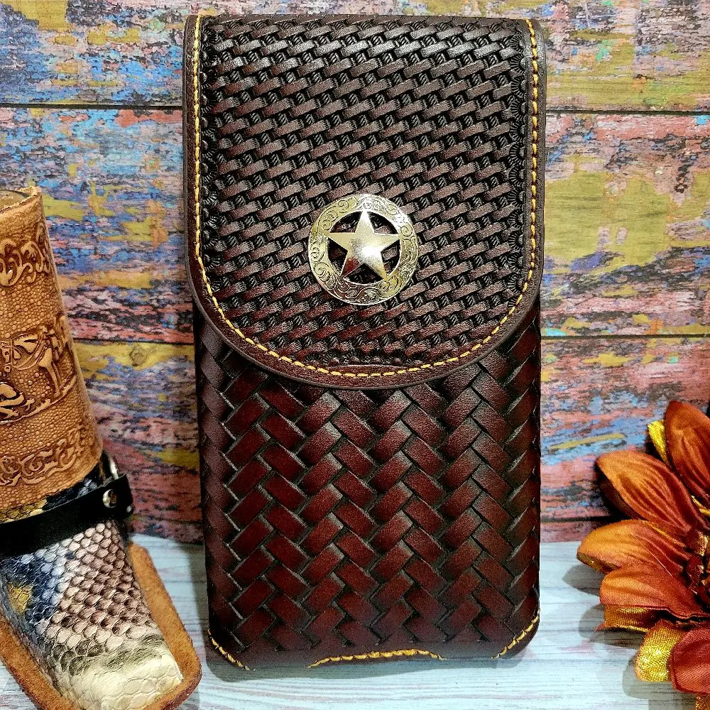 Sheriff Star Western Phone holster genuine leather Basketweave pattern coffee color magnetic closure.