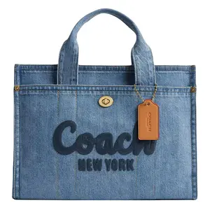 COACH Cargo Tote Bag for Women – Logo-Zip, Denim and Leather, Brass Accents, Oversized