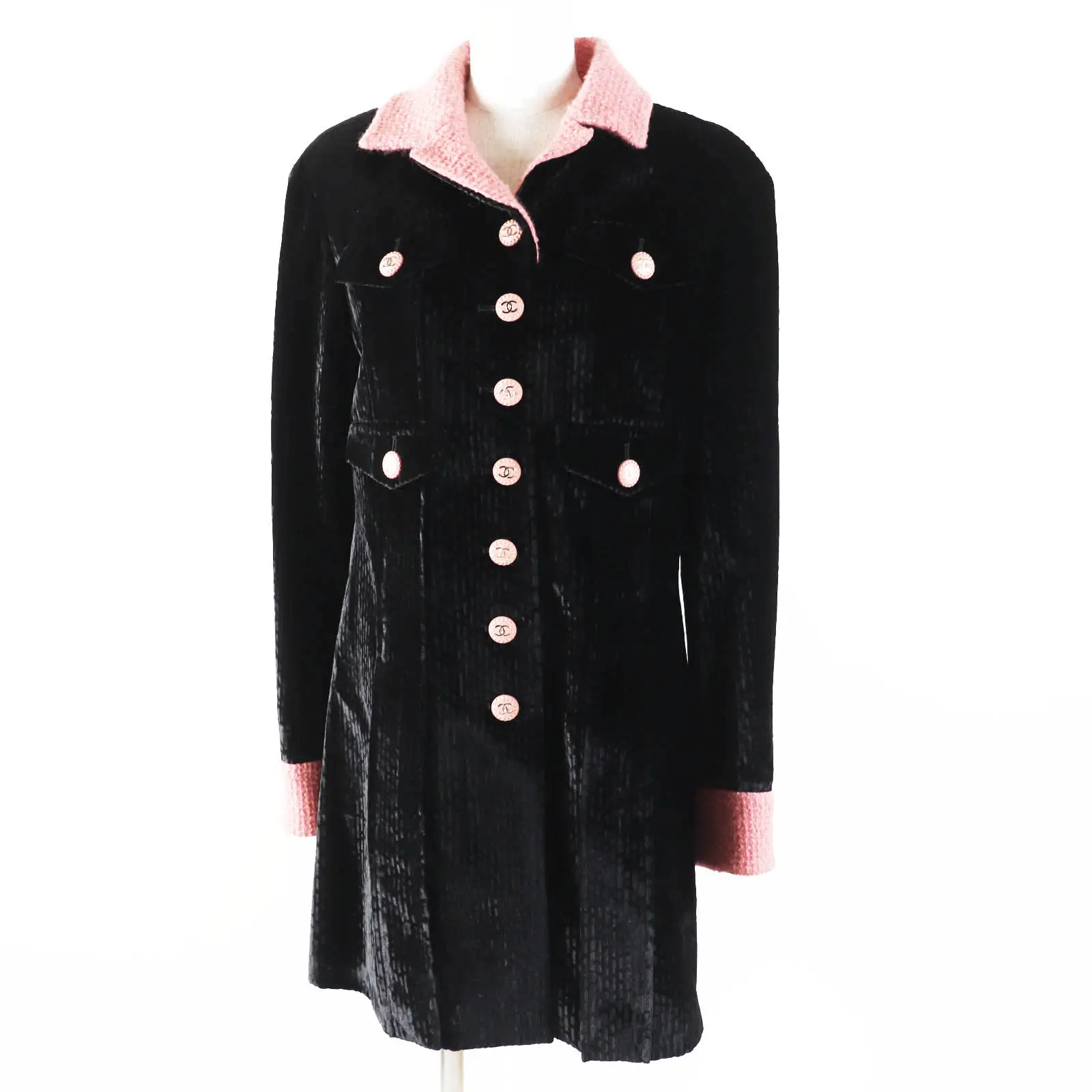 Pre-owned CHANEL Others Small Leather Goods 22B P73309 Rayon silk COCO Button Tweed Switching Velvet Coat