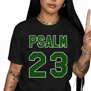 Graphic T-shirt Women's Psalm 23 Jersey Premium Tee Casual Short Sleeve Crew Neck Bold Green Lettering Christian Faith Shirt Holiday Gift Viral TikTok Trendy Outfit Everyday Wear